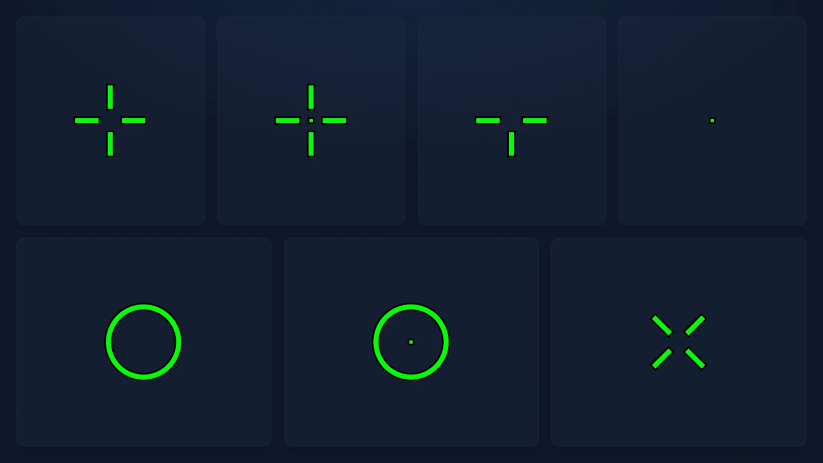 The seven crosshair shapes, side by side