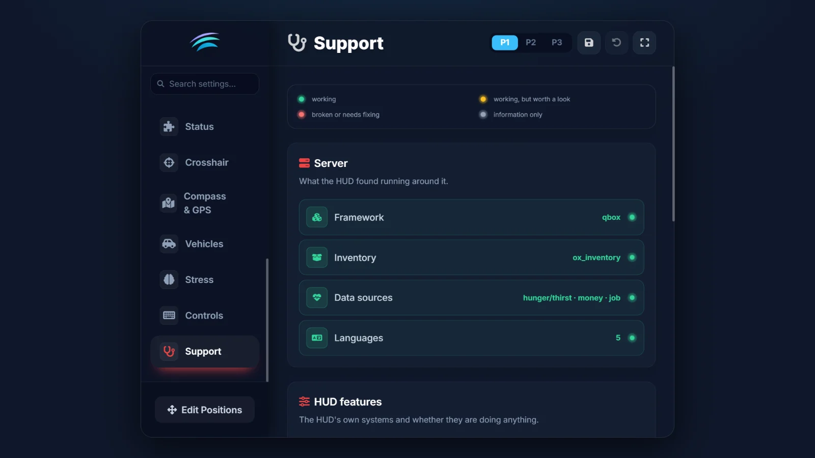 The Support tab: framework, inventory, data sources and languages, each with a status light